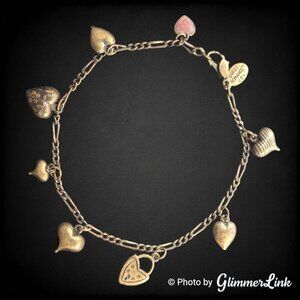 Sweet Romance Heart Charm Bracelet Antique Style Brass Tone Dangle Hearts 8"